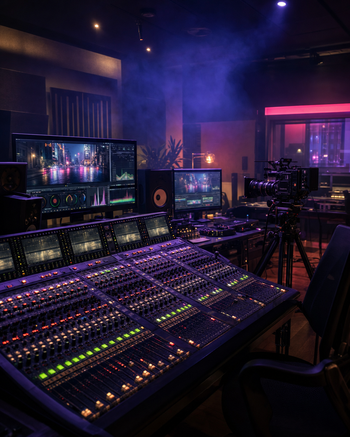 Dietro le quinte dello studio Colonna Sonora, sala regia con monitor video e banco audio a Sassari