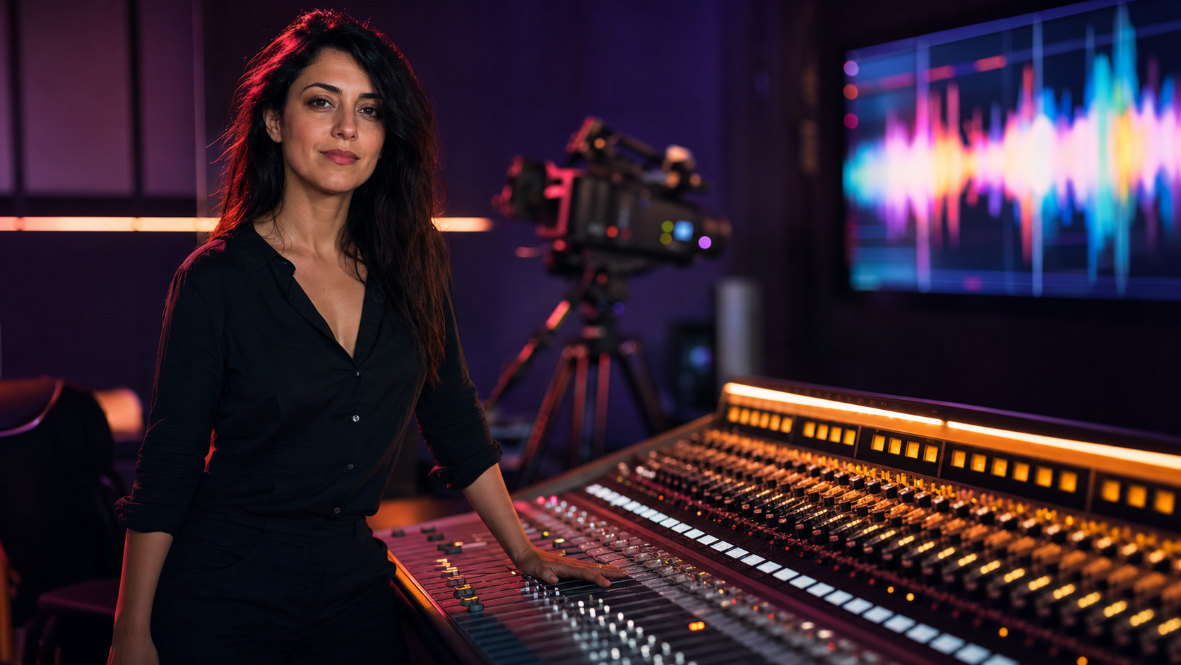 Alessia Barbieri al banco di missaggio dello studio Colonna Sonora a Sassari, con monitor video e camera sullo sfondo