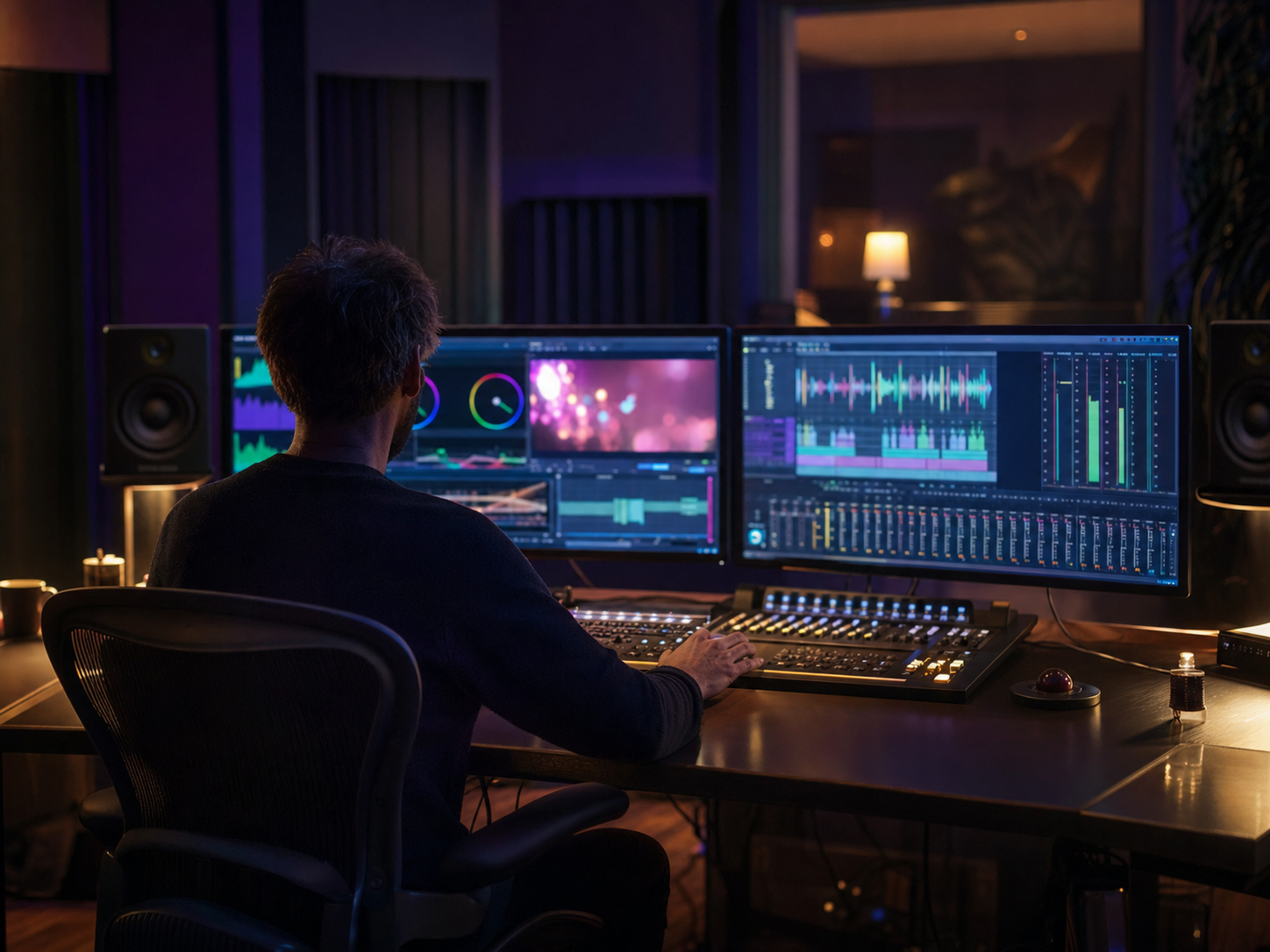 Sala di post-produzione con monitor per color grading e banco audio per il missaggio, studio Colonna Sonora