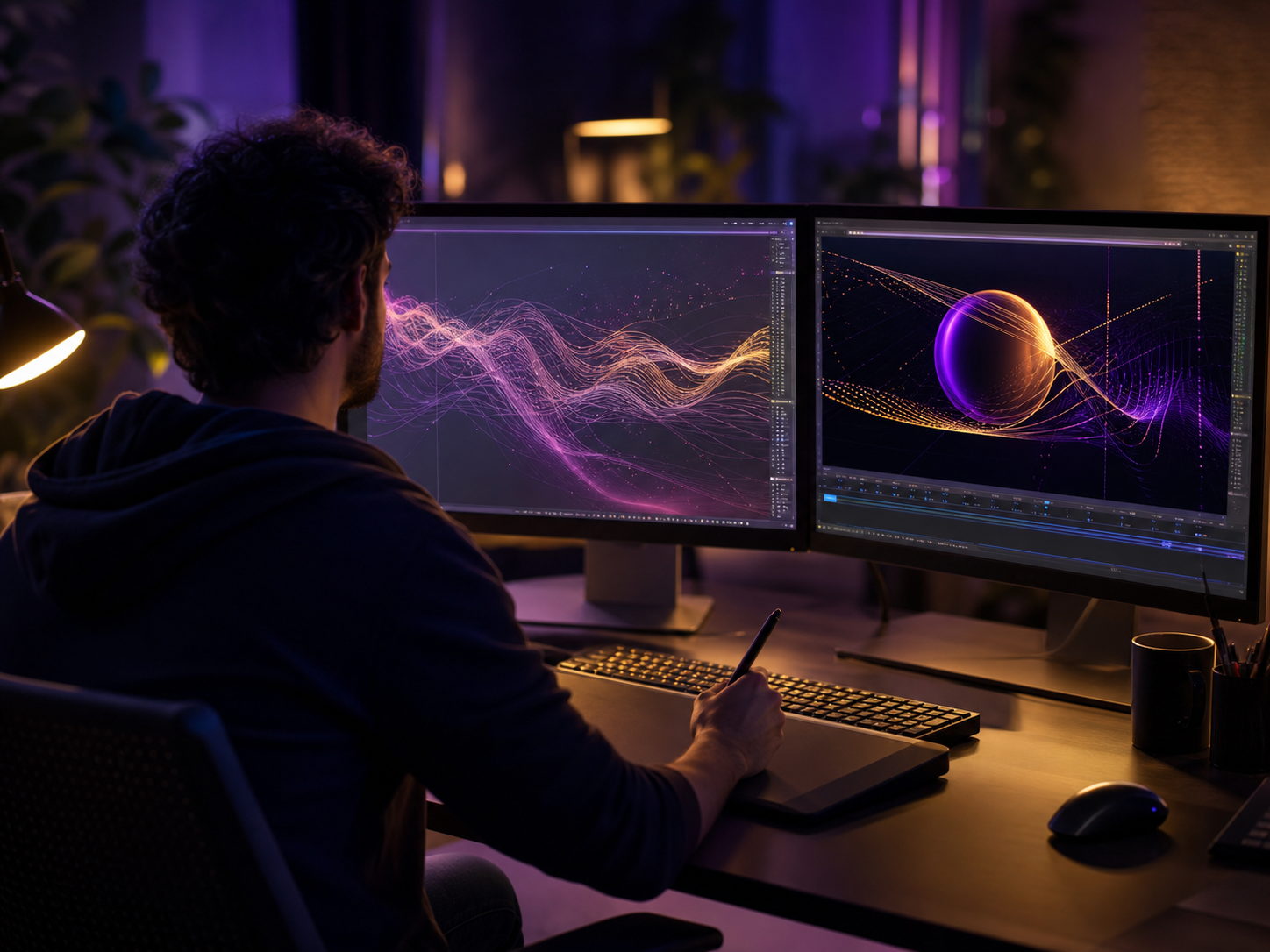 Postazione di motion graphics con forme d'onda e grafiche animate a schermo, studio Colonna Sonora