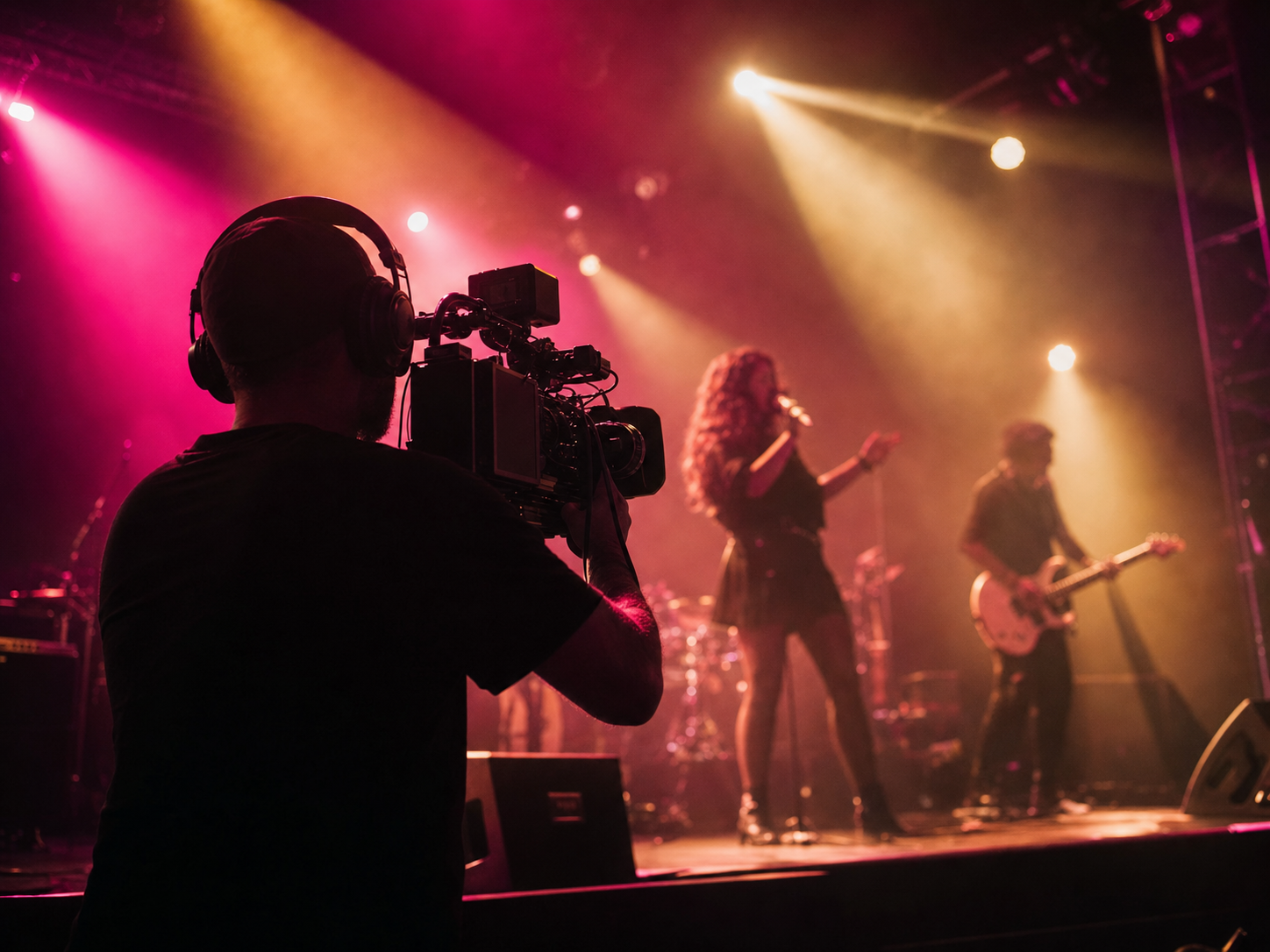 Operatore video multi-camera durante le riprese di un concerto dal vivo
