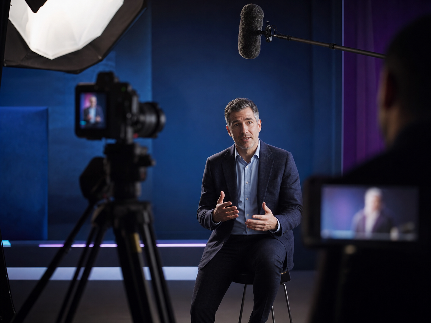 Set di ripresa per un'intervista aziendale con illuminazione professionale, studio Colonna Sonora Sassari